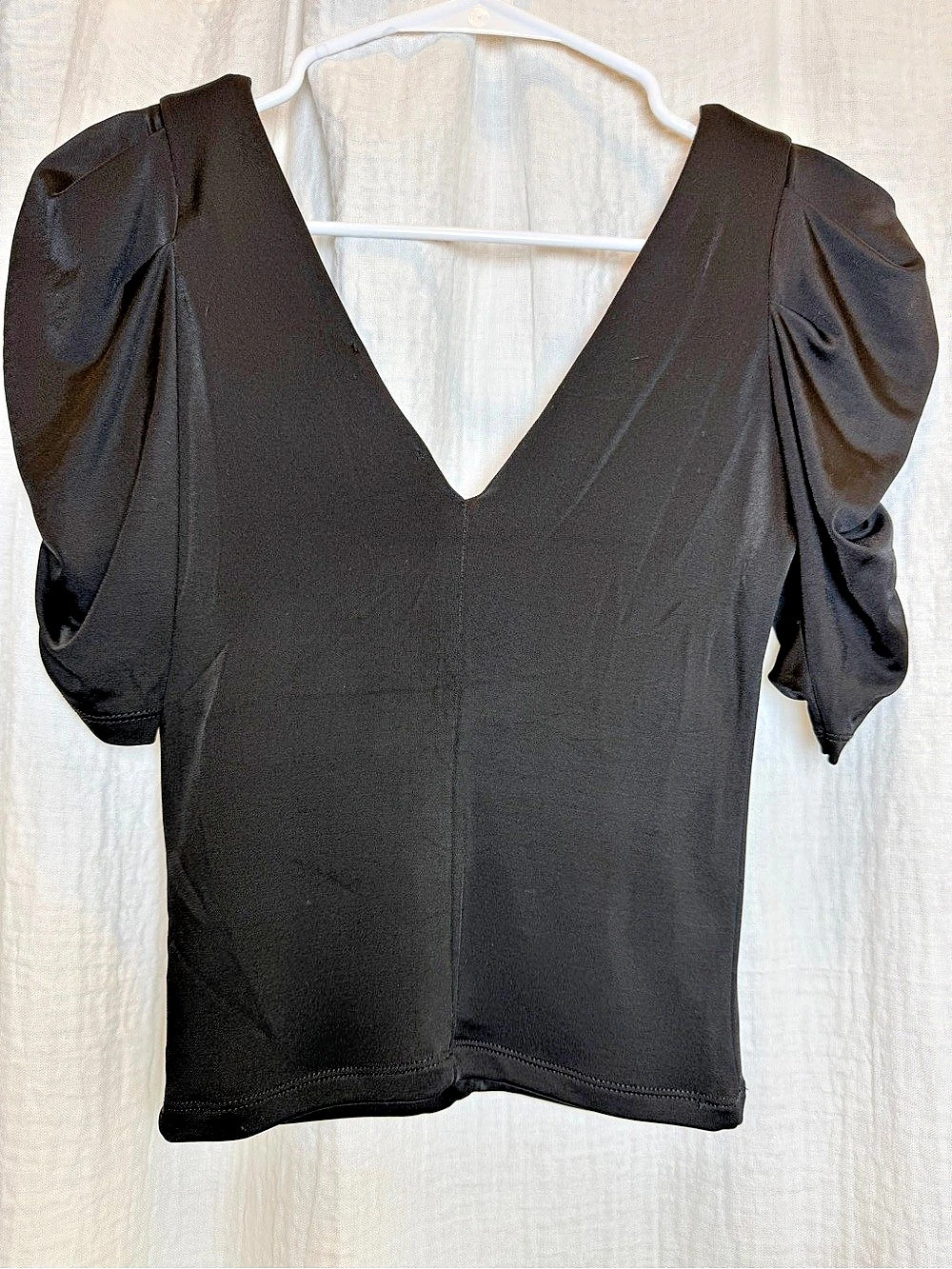 FRAME Ruched Draped Puff Short Sleeve V-Neck Top Blouse Black - Size XS